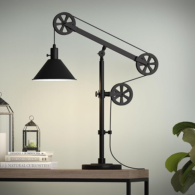 Henn&Hart 29" Mid-Century Modern Pully System 1-Light Table Lamp with 8" Black Metal Cone Shade for Living Room, Bedroom, or Office, Black