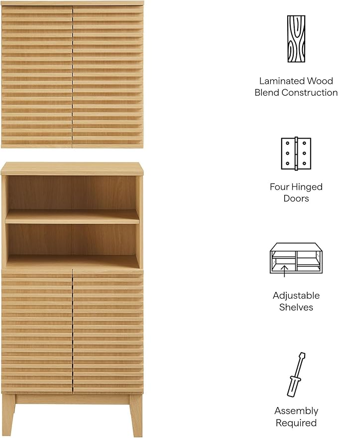 Modway Render Bathroom Cabinet Set in Oak - Freestanding Linen Cabinet and Wall Mounted Storage with Slatted Doors, Adjustable Shelves