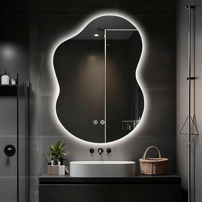 Asymmetrical Lighted Mirror for Bathroom,Modern LED Vanity Mirror with Backlit,Fog-Free,Tri-Color Dimmable Lighting with Memory Function,Hardwire Ready [Horizontal/Vertical] 35" H x 25" W