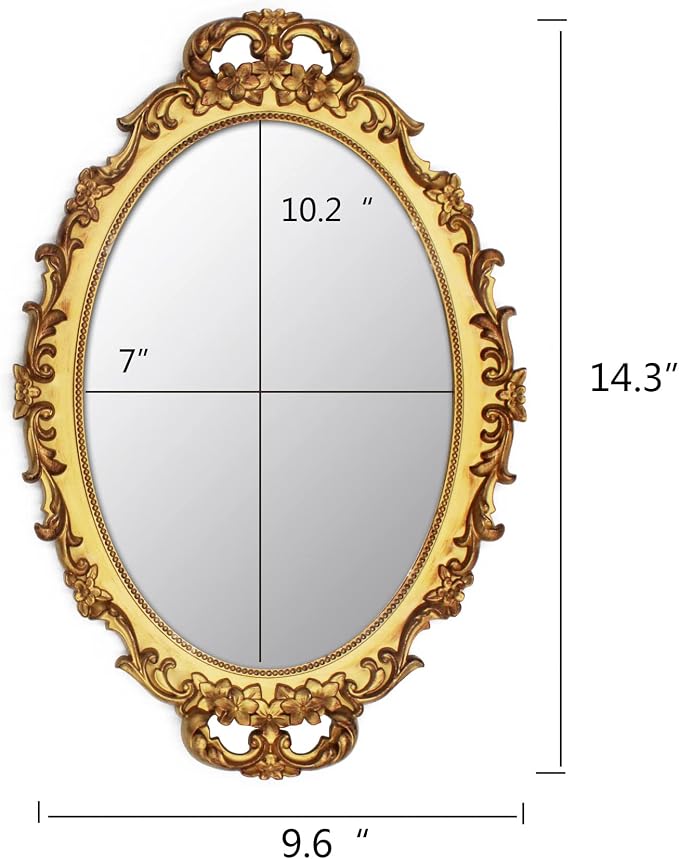 Tstarer 2 Pack - Vintage Decorative Gold Framed Mirror, Wall Hanging Mirrors & Tabletop Tray for Bedroom Living Room Dresser Decor, Oval- 9.6" W x 14.3" L (GOLD-2PACK)