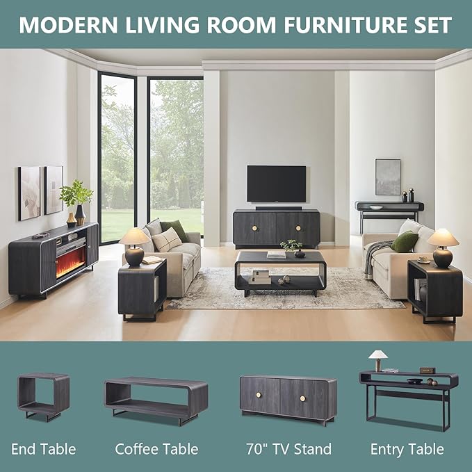 Modern Buffet Cabinet with Storage, 70" Large Sideboard Buffet Storage Cabinet with 4 Doors and Adjustable Shleves, Wooden Curved Coffee Bar for Dining Room, Kitchen, Living Room, Dark Grey