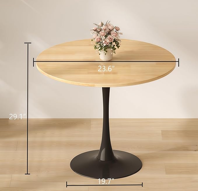 23.6 Inch Tulip Dining Table, Mid-Century Natural Wood Round Kitchen Table with MDF Tabletop and Pedestal Base, Modern Leisure Table for Small Space Kitchen Dining Room