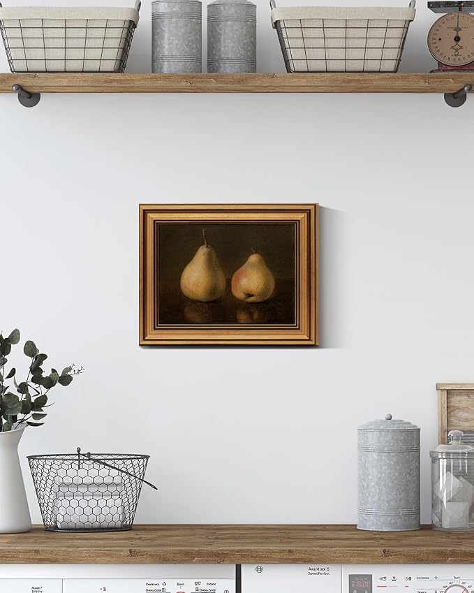 HUARCEY Gold Framed Vintage Wall Art for Living Room, Pear Fruits Painting Prints Shelf Decor for Kitchen, Aesthetic Bedroom Wall Art Decor, Christmas Gift for Friends or Family (Two Pears - 8"x10")