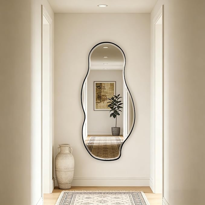 POZINO Large Irregular Beveled Mirror, 63"x28.5" Asymmetrical Accent Wall Mirror with Metal Frame, Organic Full Length Mirrors for Entryway Hallway Living Room Bedroom, Horizontal/Vertical Hanging