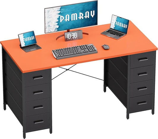 Pamray 47 Inch Computer Desk with 8 Fabric Drawers PC Gaming Desk Home Office Study Work Writing Table for Bedroom Orange