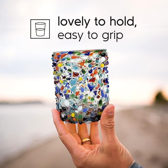 Confetti Rocks 10 oz Tumbler Glasses (set of 6) Mexican Handmade Multicolor Glassware, Recycled Glass, Lead-free, Toxin-Free (Tumbler)