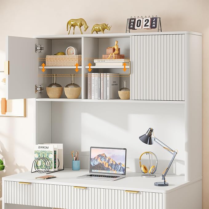 Vabches 67" H Executive Desk with FlutedDrawers,4 Drawers Fluted ComputerDesk,Wood Workstation with Hutch and BarnDoors for Work and Study,Cream White