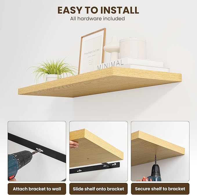 Dreamland 36" Floating Shelves for Wall, 12" Deep Slim Oak Floating Shelves, Wall-Mounted Shelves for Bedroom, Living Room, Kitchen, Bathroom - Set of 2