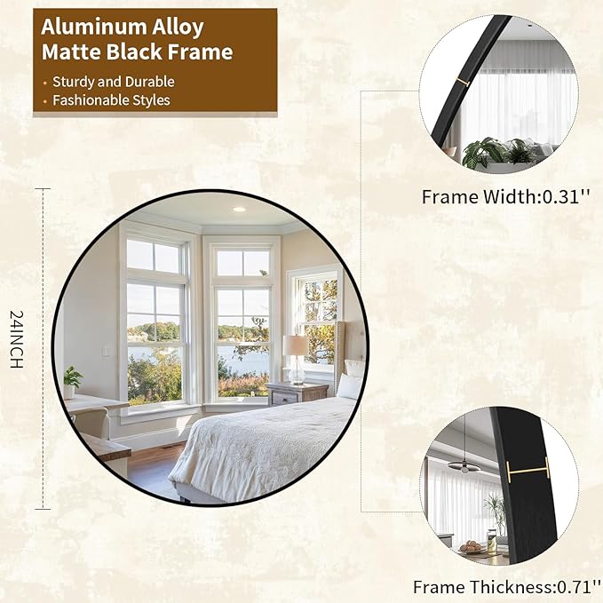 Round Mirror Wall Mounted Mirror - 24" Circle Mirror Bathroom Vanity Mirror with Aluminum Frame for Bedroom Living Room, Entryway Decor Black Mirror