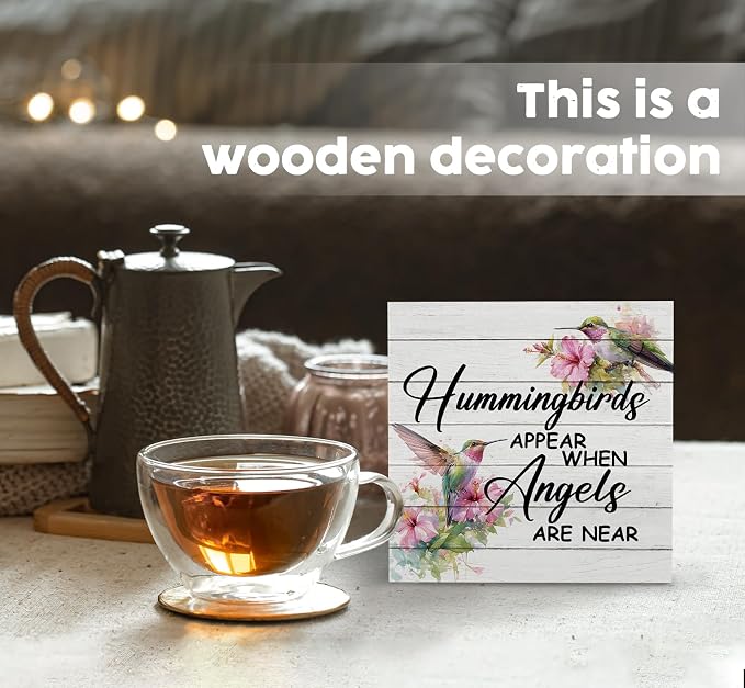 Hummingbird Decor, Hummingbird Gifts For Women, Hummingbirds Appear When Angels Are Near Wooden Box Signs, Farmhouse Floral Bird Wood Decoration Home Decor For Desk Table Shelf 5x5 Inch