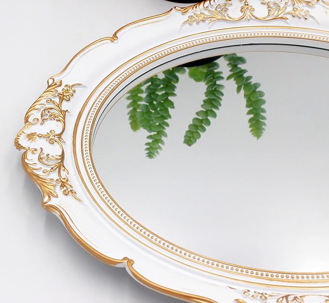 Eaoundm 13.1 x 14.8 inchs Decorative Wall Mirror,Vintage Hanging Mirrors for Bedroom Living-Room Dresser Decor Oval (White)