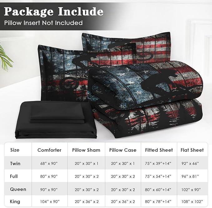 WeCozy 7 Pcs Full Size Comforter Set with 2 Pillowcases & 2 Shams, American Flag Wood Vintage Motocross Bedding for Kids and Adults, Motorcycle Bed in a Bag with Flat Fitted Sheet