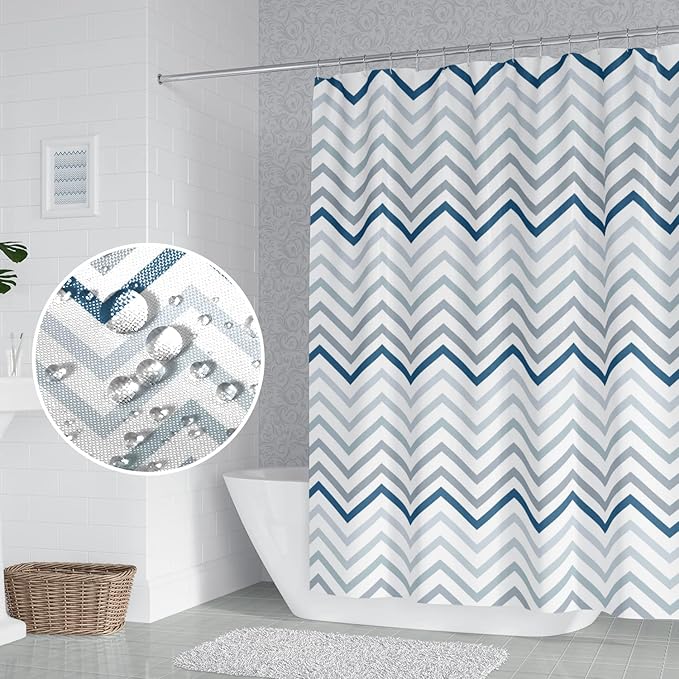 Grey and Blue Pattern Bathroom Shower Curtain Abstract Wave Geometry Line Bath Curtain with Hooks Waterproof Polyester Fabric Shower Curtains for Modern Artistic Bath Decorative, 72x78 Inch