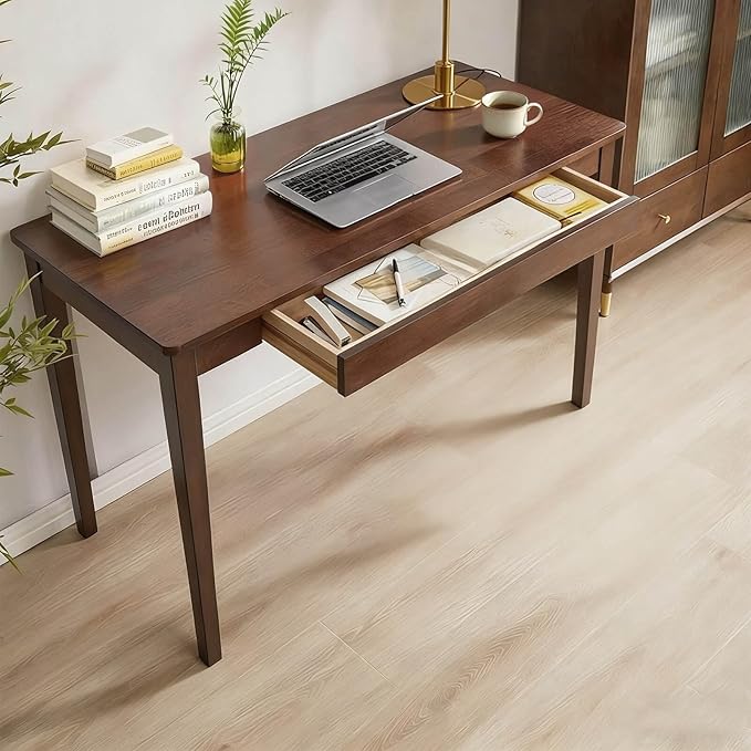 Solid Wood Desk,40" Oak Wooden Desk with Drawers,Mid Century Modern Small Computer Desk with Drawers for Small Spaces Home Office Solid Wood Writing Desk,(Walnut Color-1 Drawers) (Walnut Color)