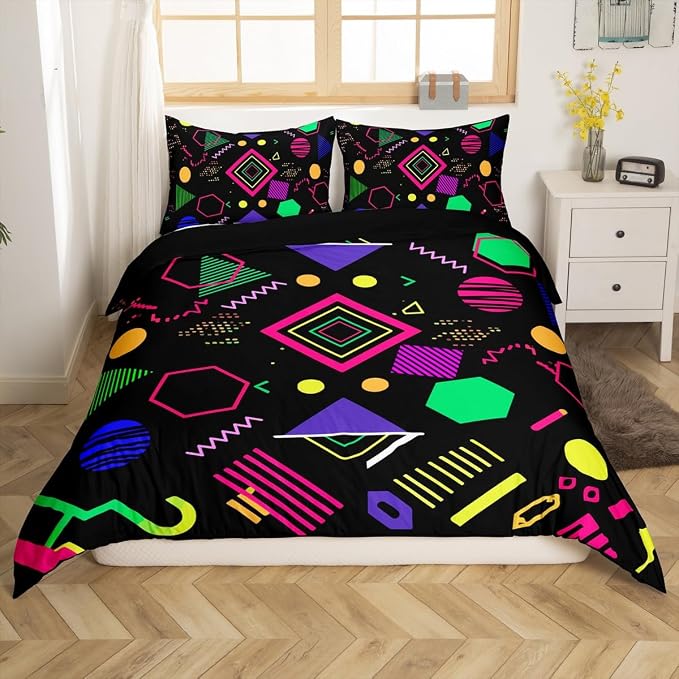 Memphis Duvet Cover Hipster Retro Bedding Set,80s and 90s Hip Hop Funky Comforter Cover Colorful Pop Art Inspired Pattern Twin Bed Set,Watercolor Eighties Memphis Geometrical 80s Bedroom Decor