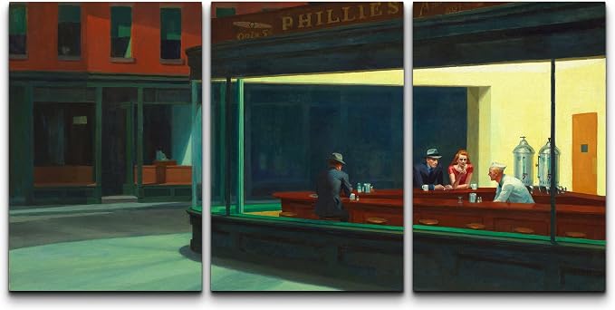 wall26 Canvas Print Wall Art Set Nighthawks by Edward Hopper Cultural Historic Oil Painting Fine Art Reproduction Scenic Colorful for Living Room, Bedroom, Office - 24"x36" x 3 Panels