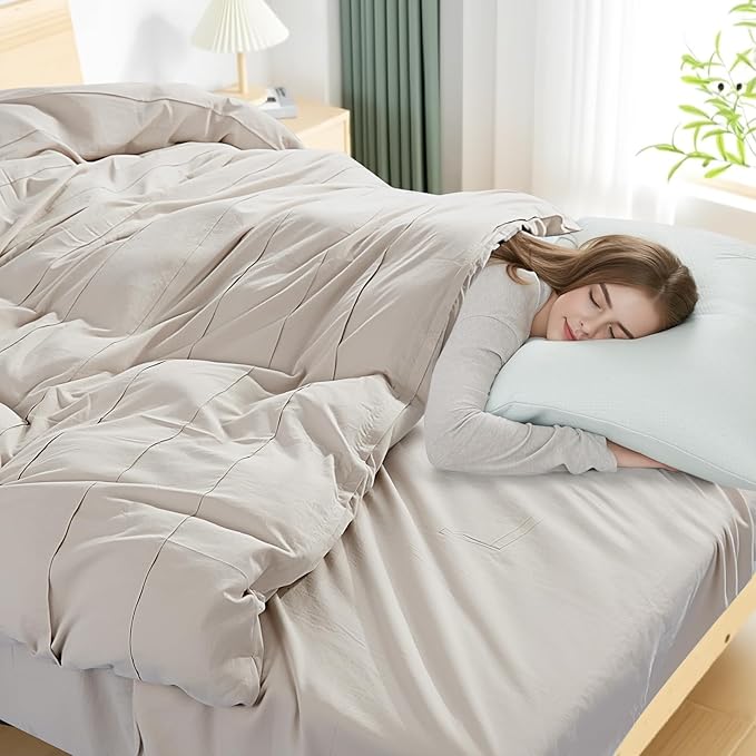 NEXHOME PRO 100% Organic Cotton Duvet Cover Full Size, Linen Like Pleated Textured Tannish Linen Grey Duvet Cover Set, 3pc Bedding Set with Zipper Closure, Soft, Breathable (80"x90", No Comforter)