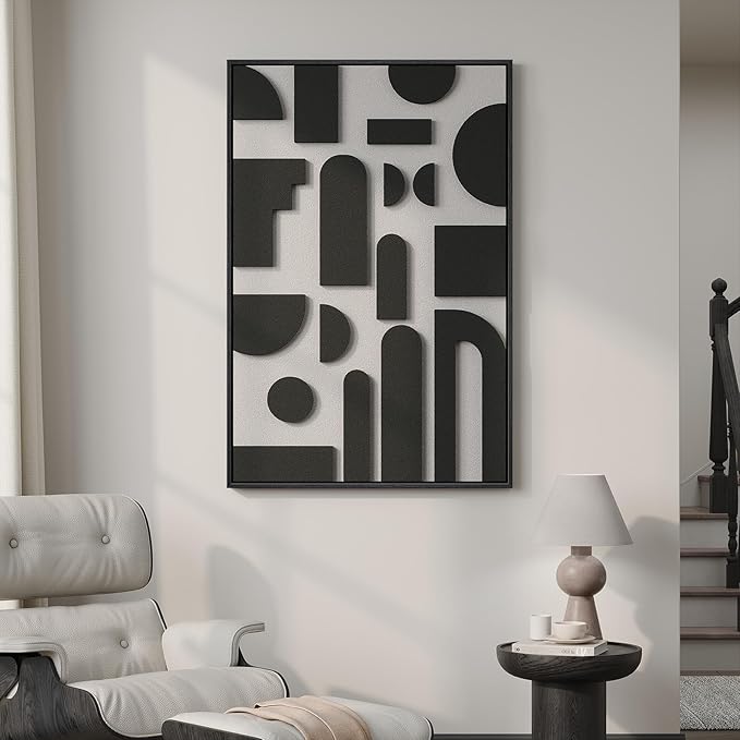 Framed 3D Black and White Abstract Wall Art, Modern Geometric Block Artwork for Walls, Minimalist Shape Pictures for Living Room Bedroom Dining Room Hallway Home Office Wall Decor, 24x36 In