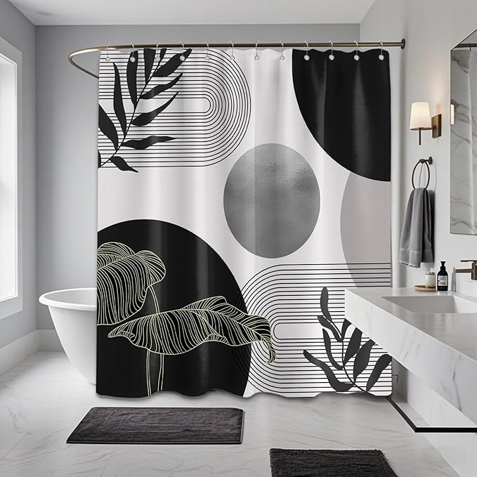 Black and Grey Shower Curtain Black White Gray Mid Century Modern Shower Curtains for Bathroom Decor Boho MCM Mens Cool Bath Curtain Set, Waterproof Fabric with Hooks 70 x 84 Inch