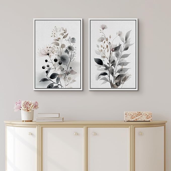 IDEA4WALL Framed Canvas Print Wall Art Set Neutral Botanical Watercolor Monochrome Leaves and Flowers Illustrations Modern Art Decorative Calm/Zen for Living Room, Bedroom, Office - 16"x24"x2 White