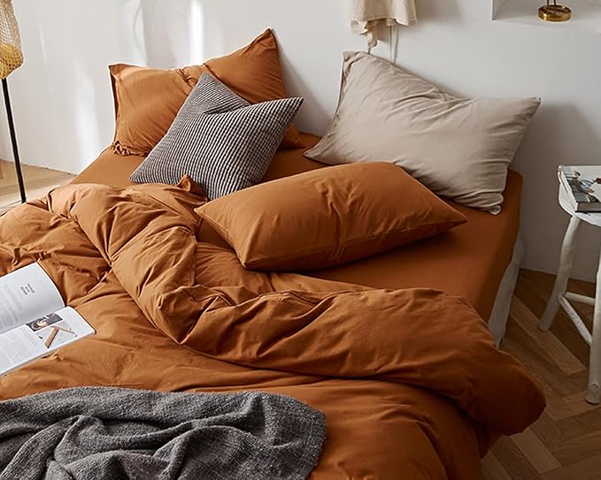 Omelas Burnt Orange Duvet Cover Full Size Rust Terracotta Caramel Pumpkin Modern Minimalist Style Solid Color Bedding Set 3 Pieces Soft Microfiber Comforter Covers with Zipper Closure for Women Men