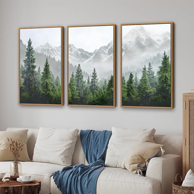 KaiWithYuan Misty Snow Mountain Framed Canvas Wall Art, Snowy Pine Tree Woodland Wall Decor, Calming Nature Forest Art Paintings, Minimalist Landscape Artwork for Bedroom Living Room Office 16"x24"x3