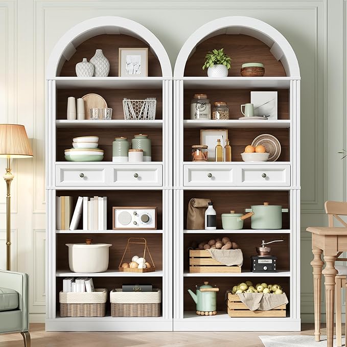 RALGEND Arched Bookshelf Set of 2, 73" Tall Arch Bookcase with Drawer, 6-Tier Farmhouse Book Shelf, Wooden Bookshelf with Open Display Shelves for Living Room, Office, Walnut and White