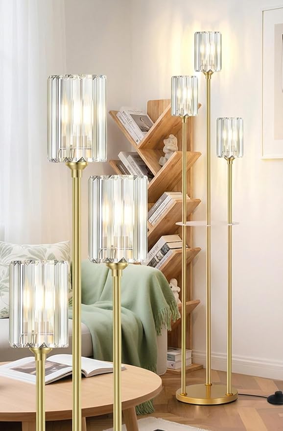 Crystal Floor Lamps for Living Room, Glass Modern Floor Lamp with Shelves, Mid Century Standing Lamps with Table, Brass Tall Lamp with Crystal Shade Vintage Retro Corner Floor Lamp (K9 Crystal Gold)