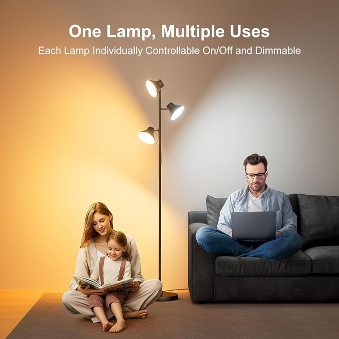 SIBRILLE LED Floor Lamp, 36W Modern Floor Lamp with Remote & Touch Control, 4 Color Temperatures, Standing Lamp with 3 Rotatable Lights, Floor Lamps for Living Room, Bedroom, Office
