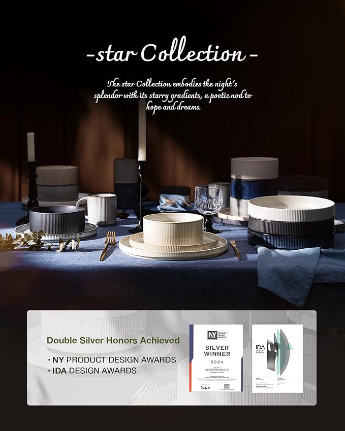 Famiware Star Stoneware Dinnerware Sets for 6 (24pcs), Chip and Scratch Resistant, Microwave & Dishwasher Safe Complete Dishes, Pasta Bowl, Cereal Bowl, Dinner Plate, Salad Plate, Ribbed, Deep Forest