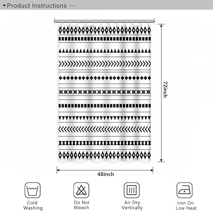Black and White Fabric Bathroom Shower Curtain Boho Abstract Geometric Pattern Waterproof Polyester Shower Curtains for Modern Minimalist Artistic Aesthetic Home Decorative, 48x72 Inch