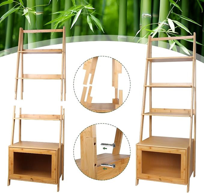 5-Tier Bamboo Ladder Bookshelf with Storage Cabinet， Mid Century Modern Bookcase Rustic Accent Furniture Open Display Rack Shelf for Bedroom Living Room Home Office, Natural