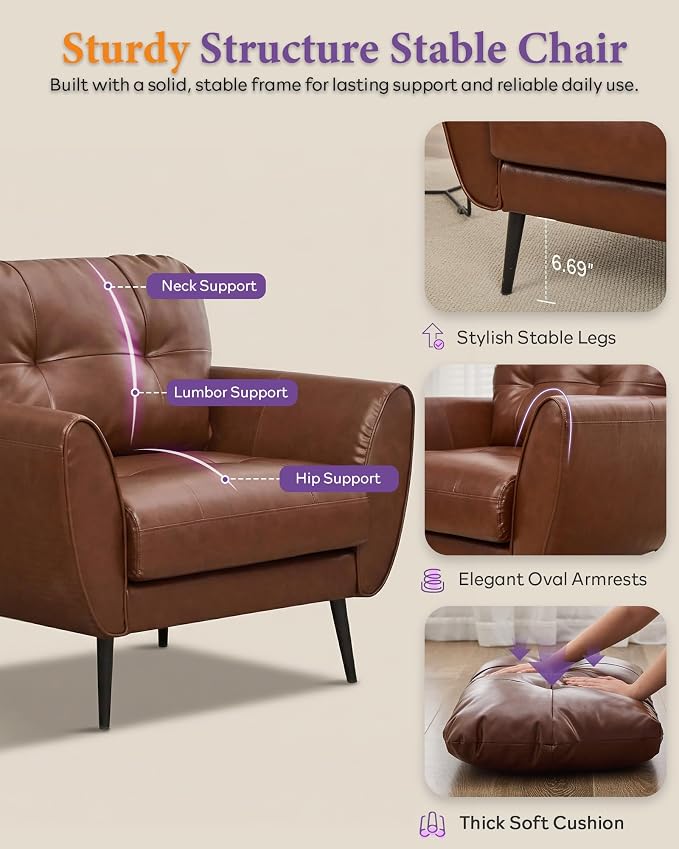TYBOATLE Accent Chair, Comfy Modern Living Room Brown Leather Reading Accent Chairs Tufted Mid Century Arm Chair Small Salon Chair for Office Bedroom(1, Brown)