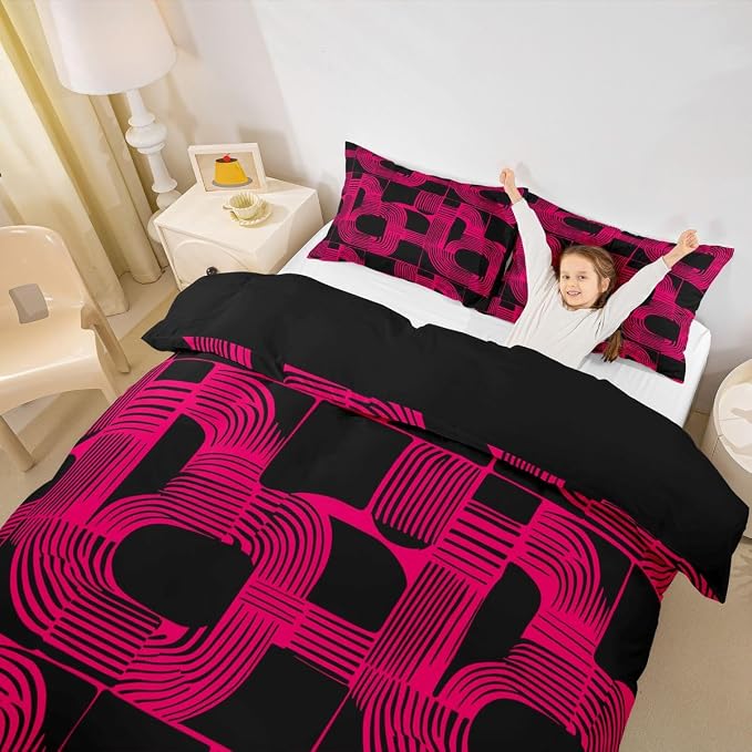 Bohemian Geometric Boys Duvet Cover King Size Mid Century Abstract Bedding Set 3 Piece Hot Pink Boho Ethnic Comforter Cover Modern Abstract Striped Bed Sets For Kids Teens Adult Men Bedroom Decor