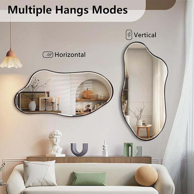 POZINO Large Irregular Beveled Mirror, 63"x31.5" Organic Full Length Mirror with Black Metal Frame, Asymmetrical Wall Mirrors for Entryway Hallway Cloakroom Living Room, Horizontal/Vertical Hanging
