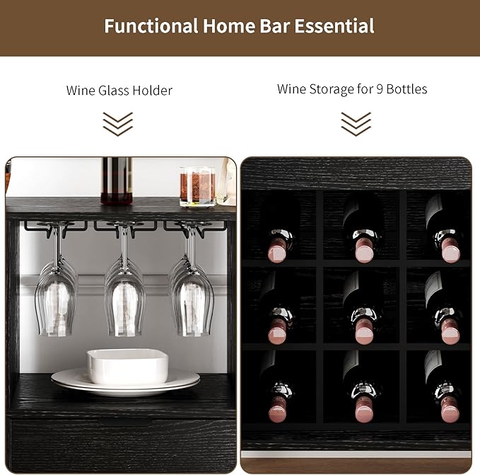 Wine Bar Storage Cabinet, Coffee bar Cabinet for Liquor with Open Wine Rack & Sliding Doors, Modern Home Bar for Living Room, Kitchen, Dining Room（Black