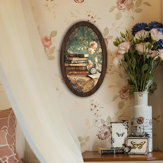 UYIKG Vintage Floral Wall Art Oval Framed,Farmhouse Oval Wall Decor,Rustic Farmhouse Cottagecore Wooden Framed Decor for Theme Room Home Bedroom Living Room Reading Room 9x14.6 in