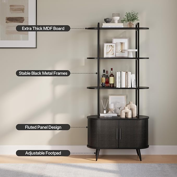 Airynee 69'' Tall Bookshelf, 4-Tier Fluted Bookshelf, Storage Cabinet with Sliding Tambour Doors, Modern Bookcase with Adjustable Footpad & Metal Frame, for Living Room Home Office, Black