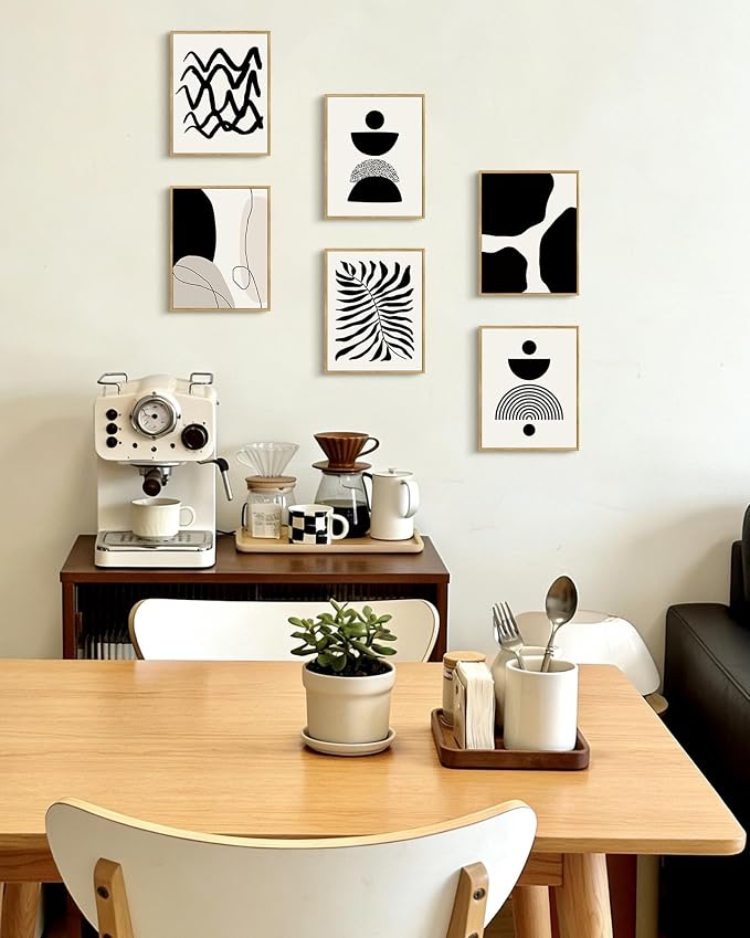 Drsoum Abstract Boho Wall Art Minimalist Geometric Framed Boho Room Decor Black Line Art Mid Century Modern Prints Bohemian Living Room Bedroom Ready to Hang 8x10inx6pcs (Natural Framed)