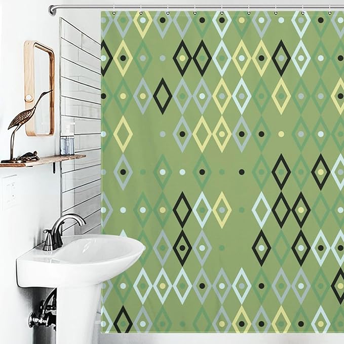 Vintage Mid Century Geometry Shower Curtains, Modern Green Diamond Pattern Thermal Insulated Privacy Washable Waterproof Fabric for Bathroom Decor Bathtub with 12 Hooks 72x72in (183x183cm)