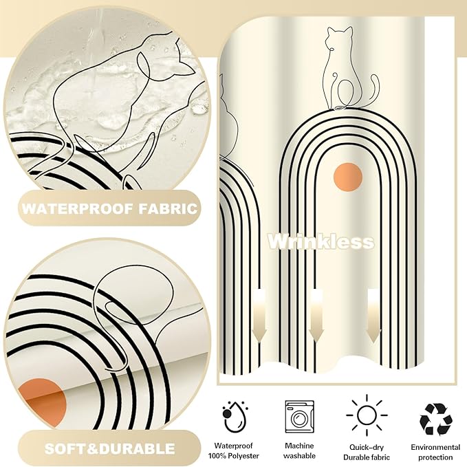 No Hook Shower Curtain and Liner Set, Boho Cat Shower Curtains with Snap in Fabric Liner for Bathroom, Ringless Waterproof Washable with See Through Top Window, Cream Beige 71" x 74"