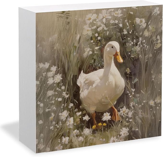 Rustic Wildflower Duck Wooden Box Sign Desk Decor, Ducks Lover Gifts, Vintage Countryside Farmhouse Duck Wood Signs for Home Office Desk Table Shelf Decorations, 5x5 Inch