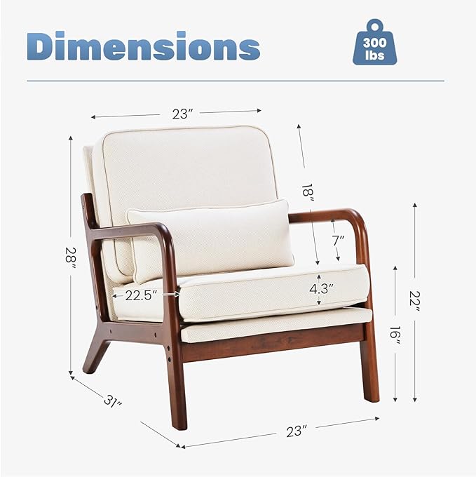 DUMOS Accent Chairs Set of 2,Mid Century Modern Chair with Arms and Waist Cushion, Reading Chairs for Adults, Lounge Chair for Living Room and Bedroom, Solid Wooden Frame, Cream