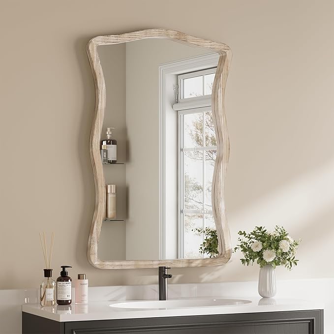 ULIKE Wavy Wall Mirror for Bathroom, 24x36 Wood Frame Mirror for Over Sink, Rustic Wall Mirrors Decorative and Vanity Mirrors for Bedroom Living Room Entryway, White