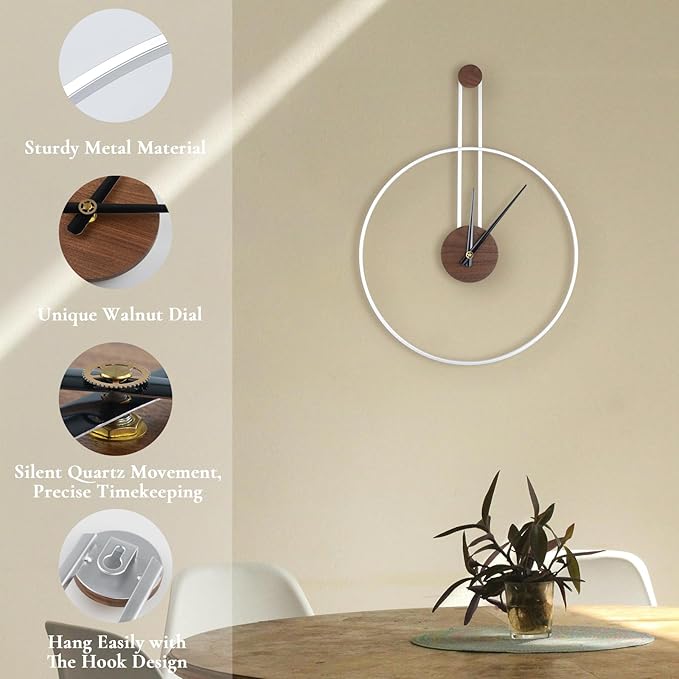 Modern Wall Clock Large Wall Clocks with Walnut Dial Silent Non-Ticking for Living Room Home Decor Bedroom Kitchen Office 17.8''× 24.4'' (Silver, Medium)