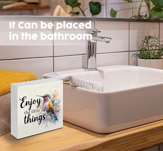 Hummingbird Decor - Hummingbird Gifts For Women, Inspirational Wooden Box Signs, Enjoy The Little Things Motivational Wood Decoration Home Decor For Desk Table Shelf 5x5 Inch