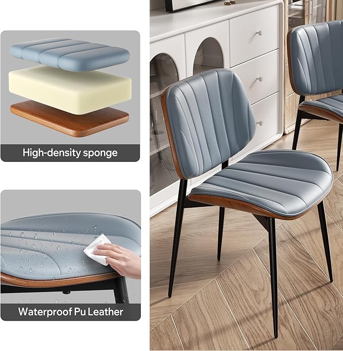 Dining Chairs Set of 8, Mid Century Modern Dining Room Chair, Upholstered Faux Leather Kitchen Chairs with Walnut Bentwood Back and Metal Legs for Kitchen Dining Room Living Room, Blue