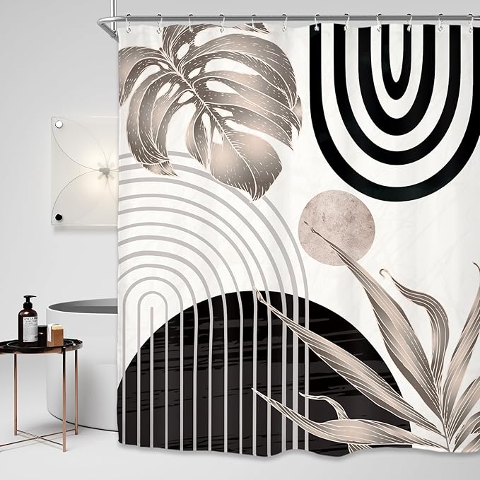Miyotaa Abstract Black Tan Shower Curtain Set 60Wx71H Inches Modern Plant Geometric Minimalist Aesthetic Mid Century Leaves Contemporary Neutral Waterproof Bathroom Curtain with 12 Hooks