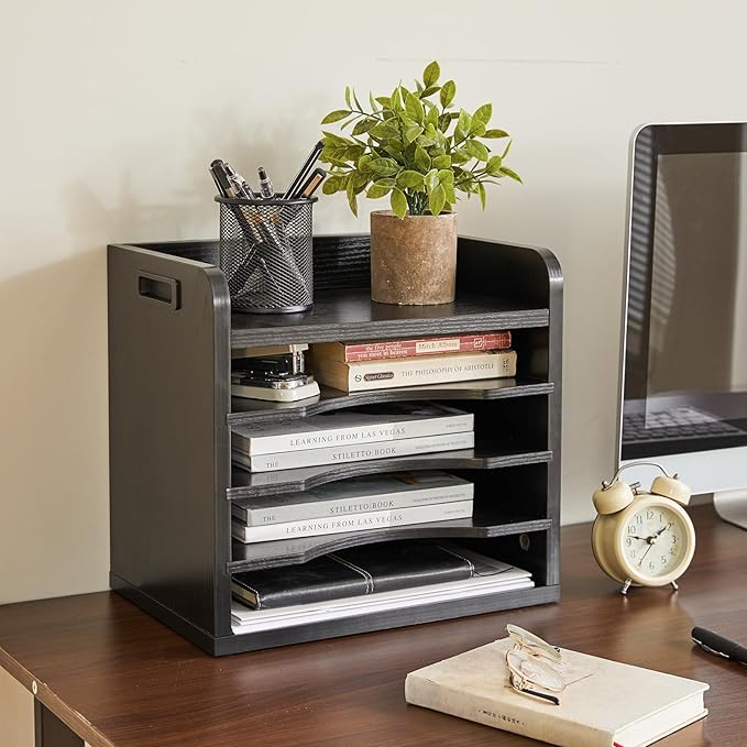 YMYNY Desktop File Organizer with Handle, Document Letter Mail Tray Sorter with 3 Adjustable Shelves, 5 Tiers Paper Holder for School Home Office Desk,Black,13.4 * 12.4 * 9.06" UHBC006B