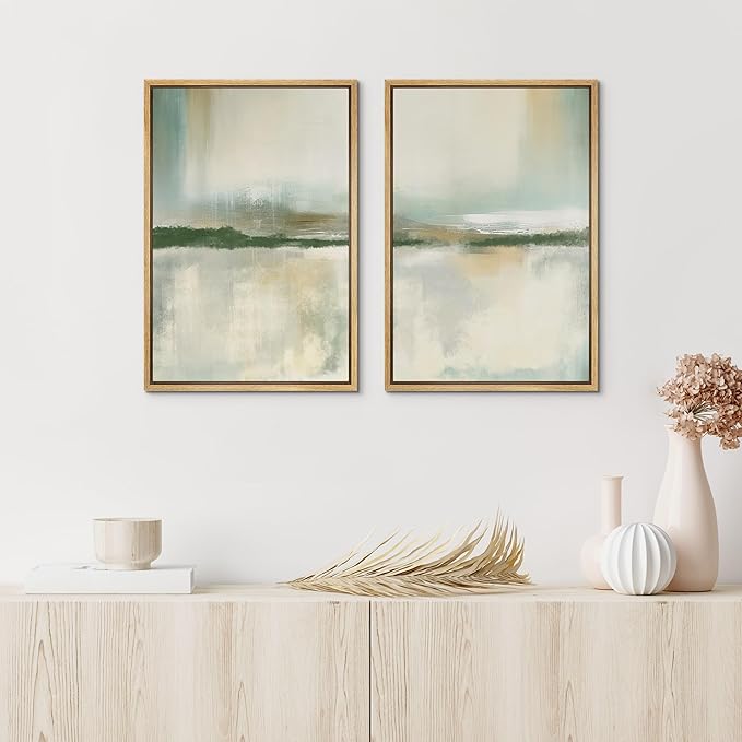 IDEA4WALL Framed Canvas Print Wall Art Set Serene Lake Landscape Abstract Illustrations Modern Art Decorative Coastal Cottage Seascape for Bedroom - 24"x36"x2 Natural